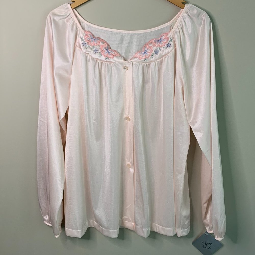 Dead Stock Vintage Shadowline‎ Night Shirt Long Sleeve Floral Embroider Neckline